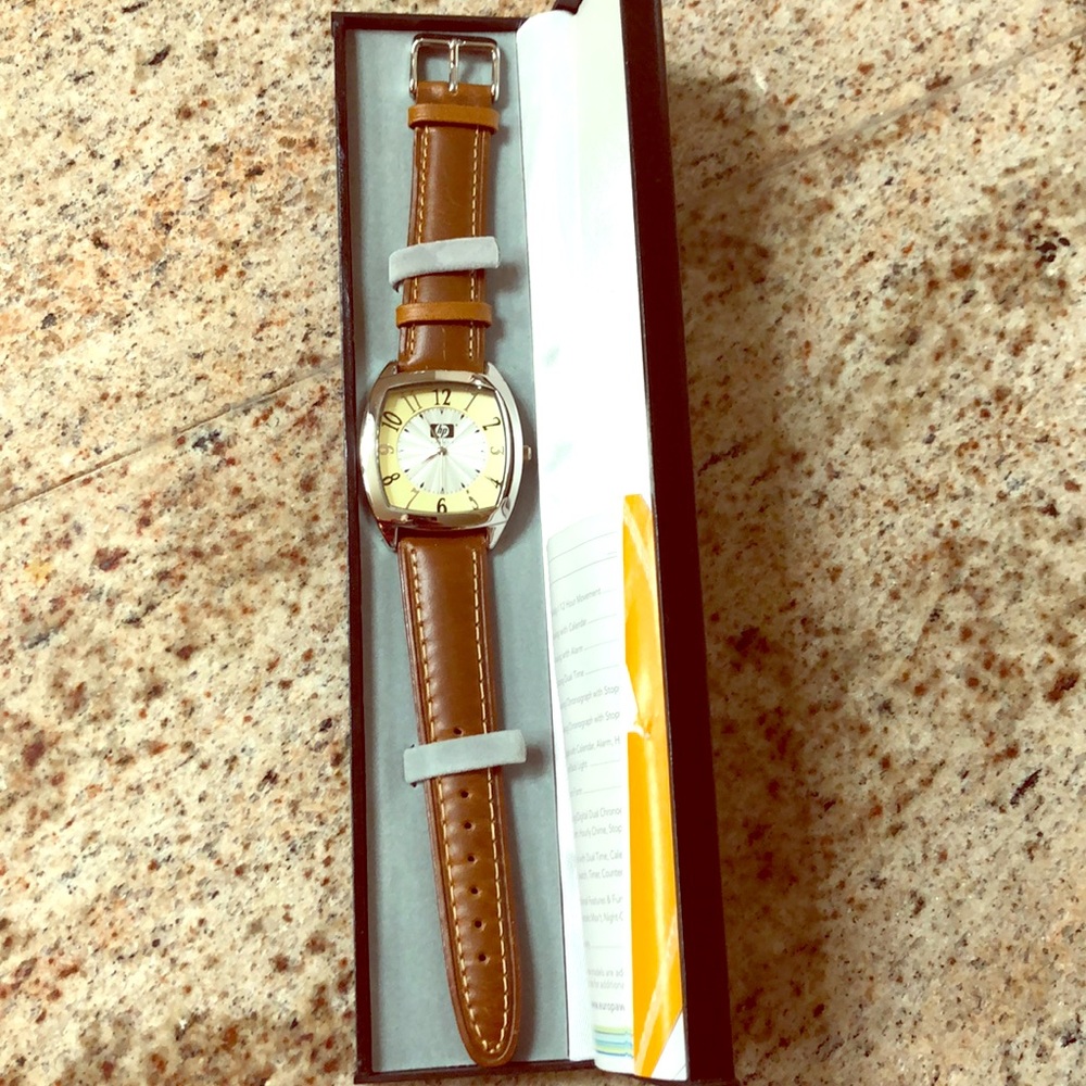 HP watch, brand new, never worn, leather band.